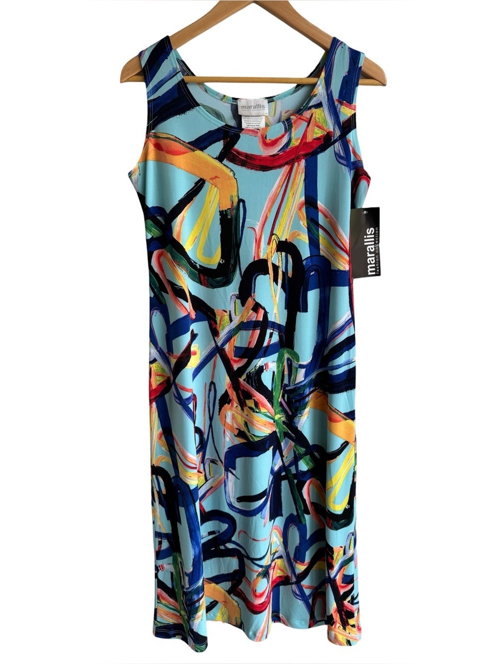 Marallis Artsy Shift Midi Dress Sz M Blue Multicolour Sleeveless Stretch Canada